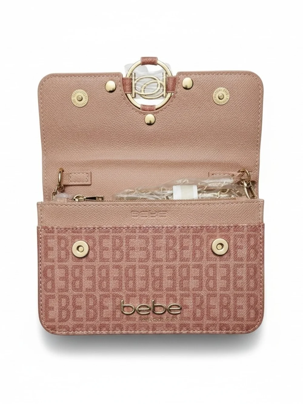 bebe Blush Pink Logo‎ Flap Clutch with Gold Hardware